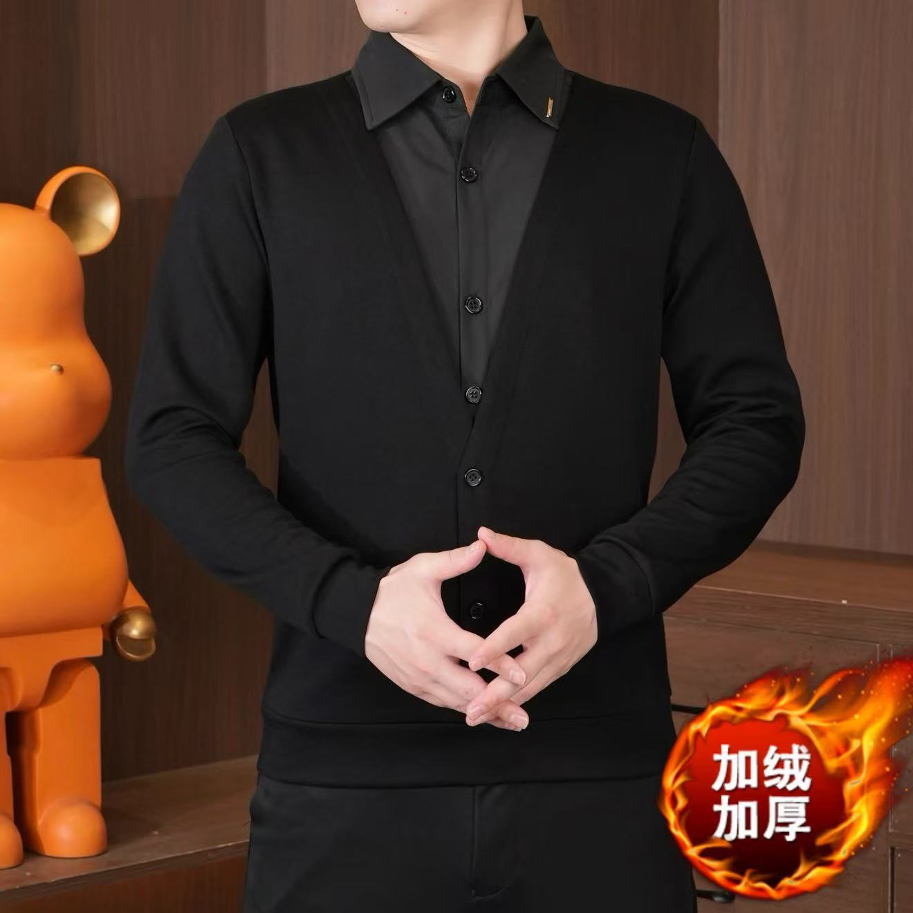 爆款假两件男时尚休闲韩版衬衫领体恤冬加绒保暖长袖潮流男装