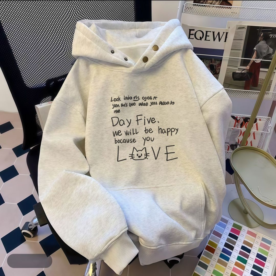 重磅纯棉纽扣连帽卫衣女秋冬加绒