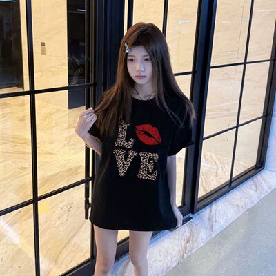 美式慵懒黑豹纹唇印短袖T恤女
