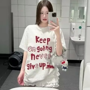 100%纯棉美式 宽松慵懒风设计感小众上衣服 字母印花短袖 t恤女夏季