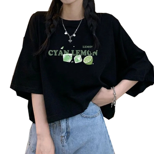 高腰短款t恤女黑色短袖甜辣宽松上衣夏装修身小个子学生体恤新款