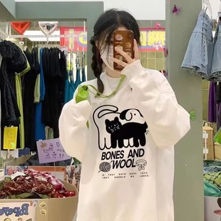 薄款 卡通猫咪印花白色圆领卫衣女秋冬宽松慵懒风休闲百搭长袖 上衣