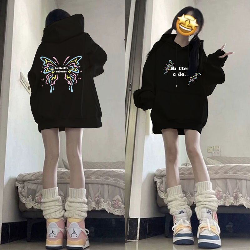 美式慵懒风chic连帽加绒卫衣女秋