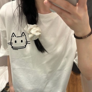 卡通趣味可爱小猫印花圆领短袖 上衣设计感小众纯棉T恤 女夏季 新款