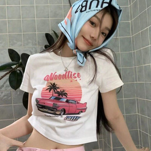 复古纯棉短袖 小众独特短款 高腰百搭美式 上衣女修身 t恤女 辣妹夏季