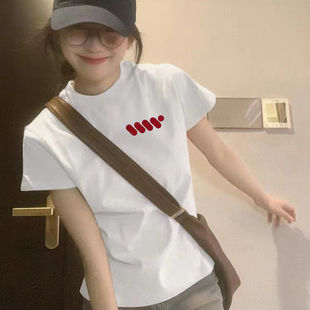 修身 纯棉美式 新款 复古正肩短袖 显瘦基础洋气上衣潮 t恤女2024夏季