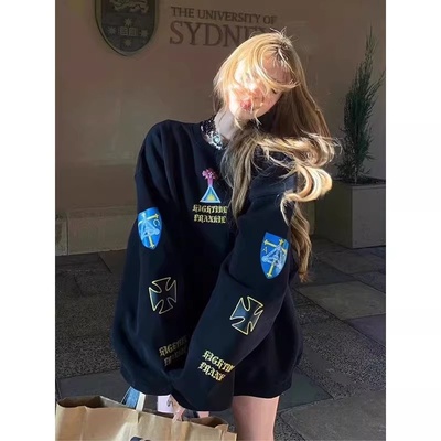 重磅美式复古圆领卫衣女秋冬宽松