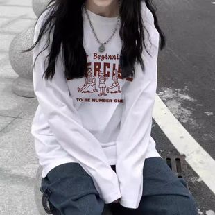 2025早初秋美式 宽松长袖 白色t恤女冬季 纯棉上衣设计感小众打底衫