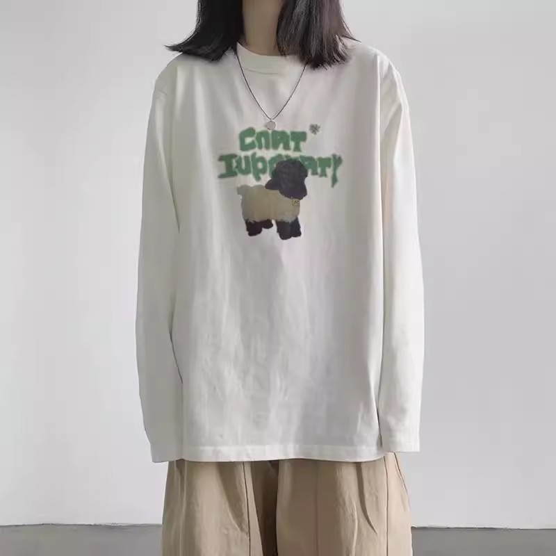 纯棉白色t恤女长袖上衣宽松加绒