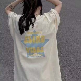 新款 100%純棉美式 字母星星潮牌短袖 t恤女夏季 上衣 寬松慵懶風半袖