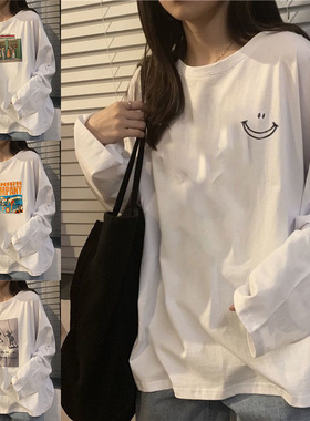 白色t恤女长袖打底衫春秋洋气宽松内搭学生常规款超火上衣服ins潮