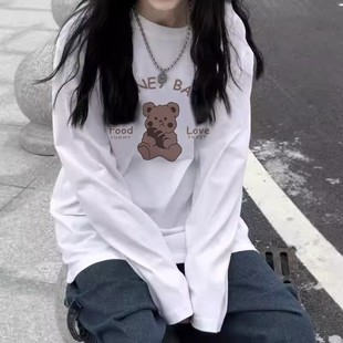 甜美日系纯棉长袖 t恤女设计感小众卡通秋季 上衣服宽松内搭打底衫