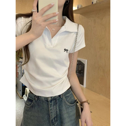 纯棉设计polo领正肩短袖T恤女夏季新款褶皱短款修身显瘦收腰上衣