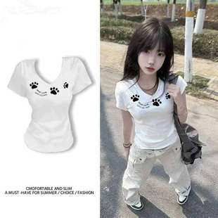 复古V领短袖 显瘦设计感小众短款 t恤女夏季 修身 上衣ins潮 新款 美式