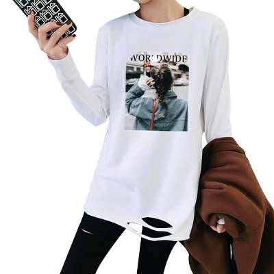 加绒保暖大码新款秋冬破洞打底衫