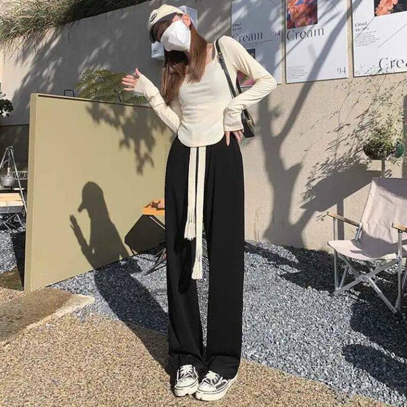 여학생을 위한 드로스트링 블랙 와이드 레그 팬츠 봄 여름 신상 하이웨이스트 루즈하고 다재다능한 드레이프 캐주얼 스포츠 스트레이트 팬츠