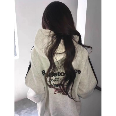 美式条纹插肩袖连帽卫衣女春秋冬