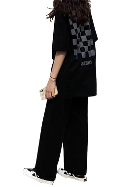 原宿风棋盘格短袖T恤+阔腿裤子