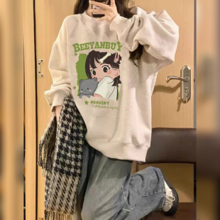 日系卡通印花卫衣女春秋冬宽松oversize慵懒风设计感加绒上衣外套