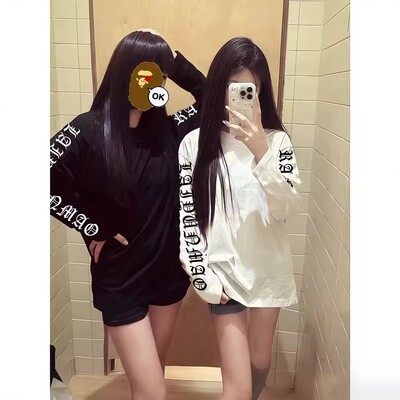 美式复古字母印花重磅长袖t恤女