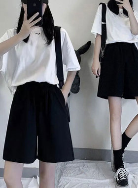 黑色五分休闲运动短裤女学生韩版宽松显瘦百搭外穿高腰阔腿裤女夏