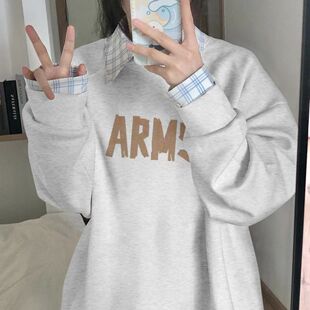 美式ins圆领卫衣女春秋新款宽松慵懒风落肩潮流百搭学生长袖上衣