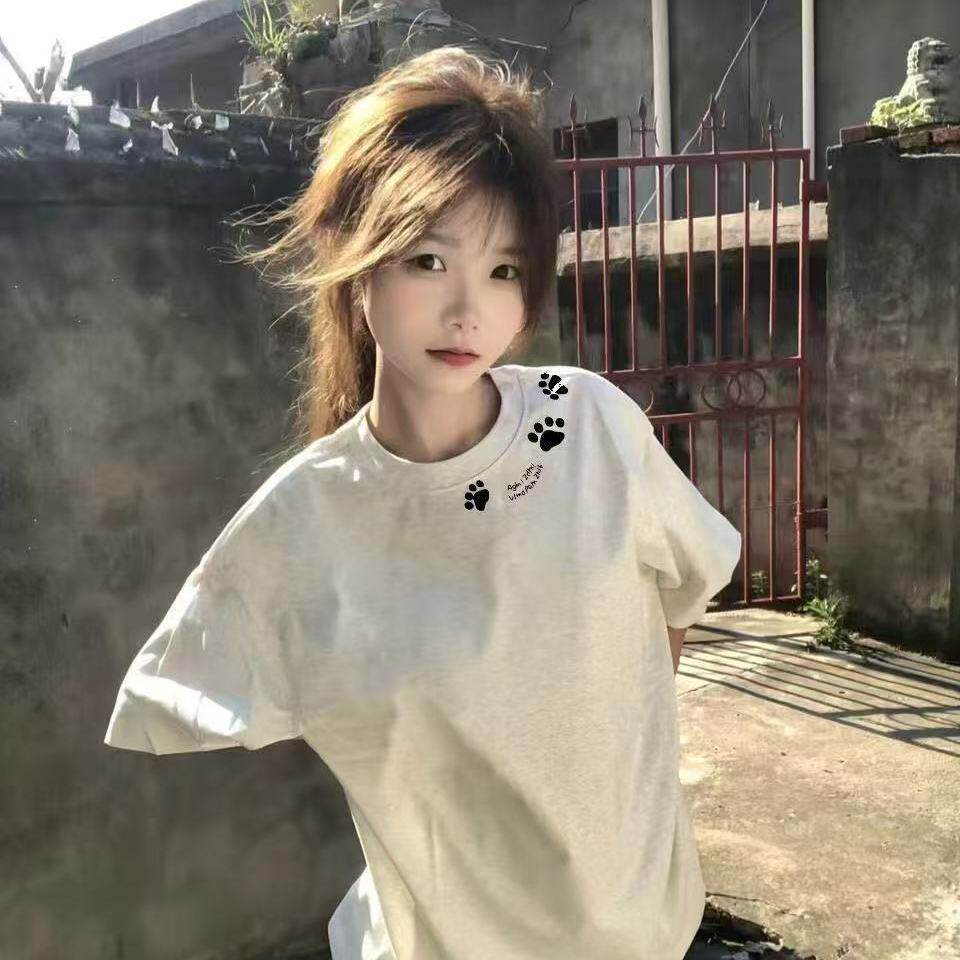 美式国潮猫爪印花短袖T恤男女重磅潮牌春秋新款宽松打底衫上衣ins