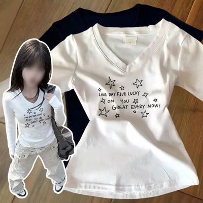 德绒修身显瘦V领长袖T恤女秋冬款