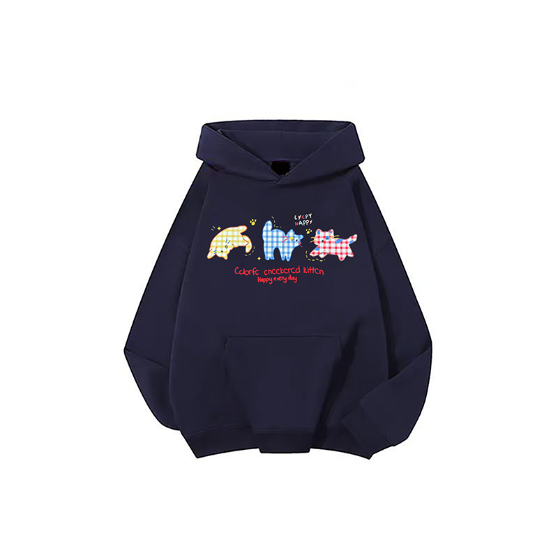 100%纯棉美式卡通猫咪印花连帽卫