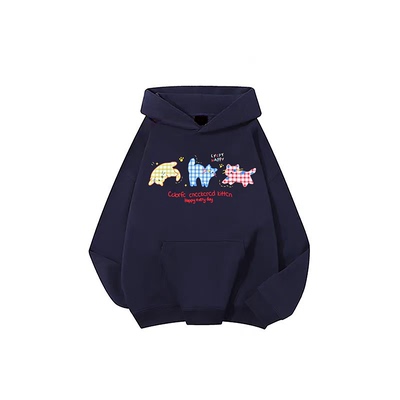 100%纯棉美式卡通猫咪印花连帽卫