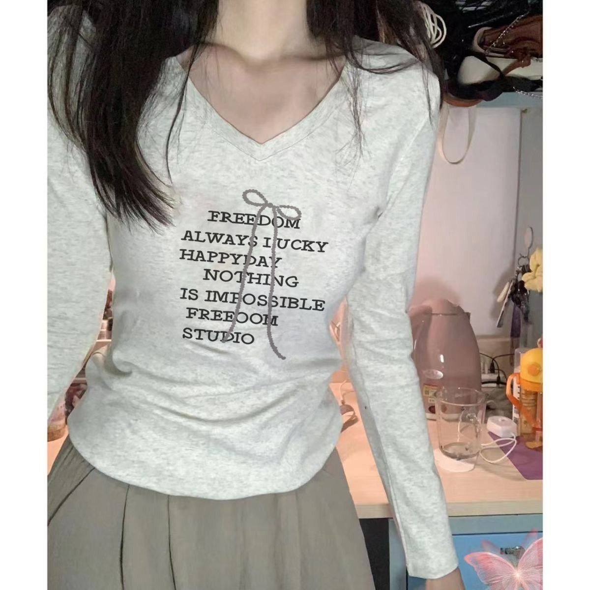 韩系收腰长袖t恤女春秋季设计感修身显瘦内搭打底衫美式辣妹上衣,女装/女士精品,T恤,淘宝优惠券,粉丝福利购,淘宝优惠卷