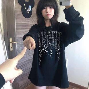 美式新款星星字母图案印花长袖T恤女春秋季纯棉打底衫情侣上衣ins
