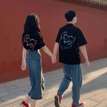潮牌美式情侣夏装短袖t恤女ins潮纯棉半袖oversize设计感小众上衣