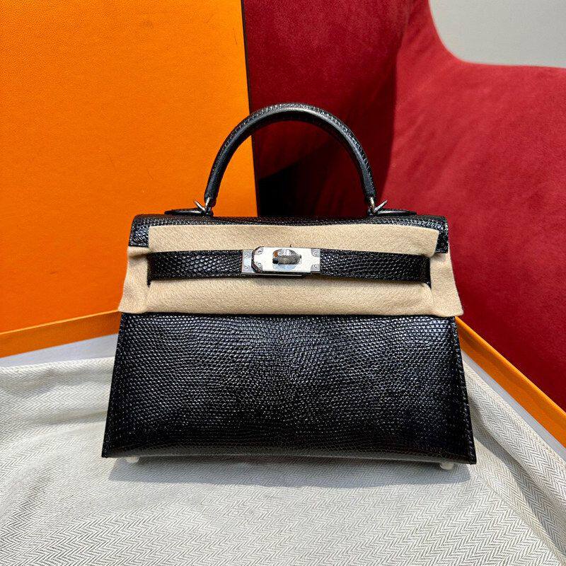 高定H家kelli mini 二代凯利半手蜥蜴纹牛皮单肩斜挎手提包女轻便