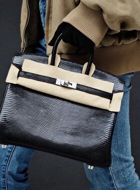 高定半手工蜥蜴纹铂金bk包25/30cm真皮通勤手提包包女大容量