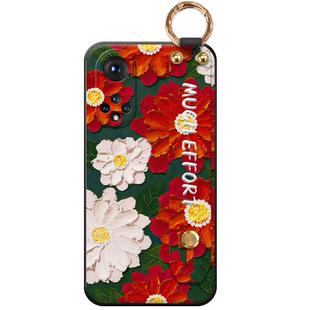 红色花朵适用于荣耀50手机壳50pro复古se油画v40轻奢版腕带v30新品30pro丝巾x20se挂绳play5t时尚保护壳