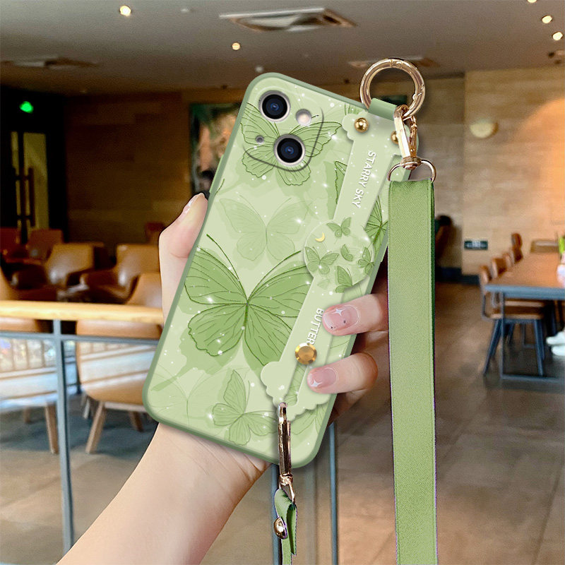 浅绿金箔蝶适用于苹果13pro手机壳14promax新款iPhone15pro蝴蝶16个性女12mini腕带17pro斜