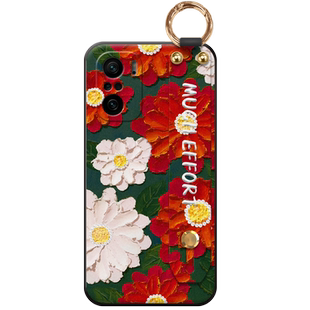 红色花朵适用于红米k40手机壳k40pro复古k30油画至尊版note10腕带9pro新品9丝巾10x挂绳5g时尚保护壳