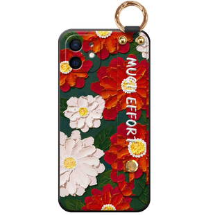 红色花朵适用于苹果12手机壳12promax复古7油画8plus腕带11pro新品x丝巾xsmax挂绳xr时尚6s镜头防摔软壳