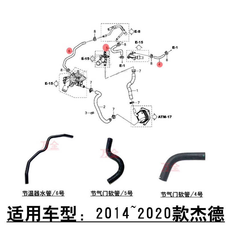 适用于2014~2020款杰德节气门软管节温器防冻冷却液水管小水管