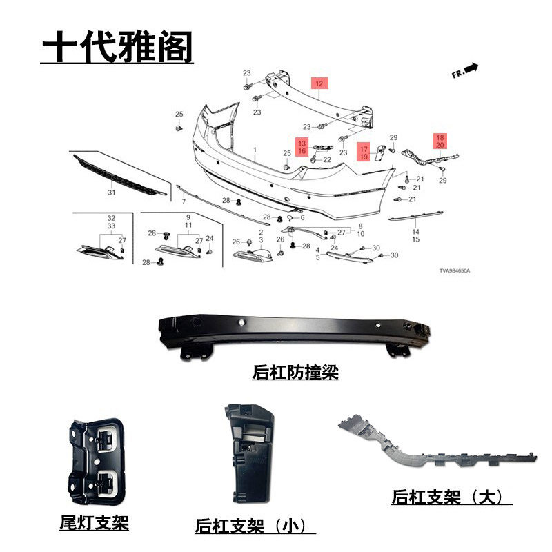 适用于18-22款十代雅阁后杠叶子板支架吊耳尾灯卡扣杠码下杠扣