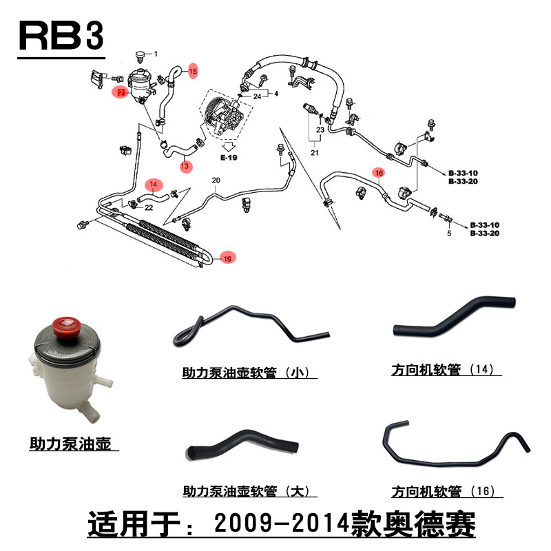 适配09~14款奥德赛RB3方向机转向助力泵油壶软管回油胶管出油铁管