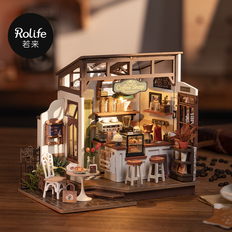 若来咖啡店diy小屋手工房子木质拼图立体模型屋积木玩具礼物女