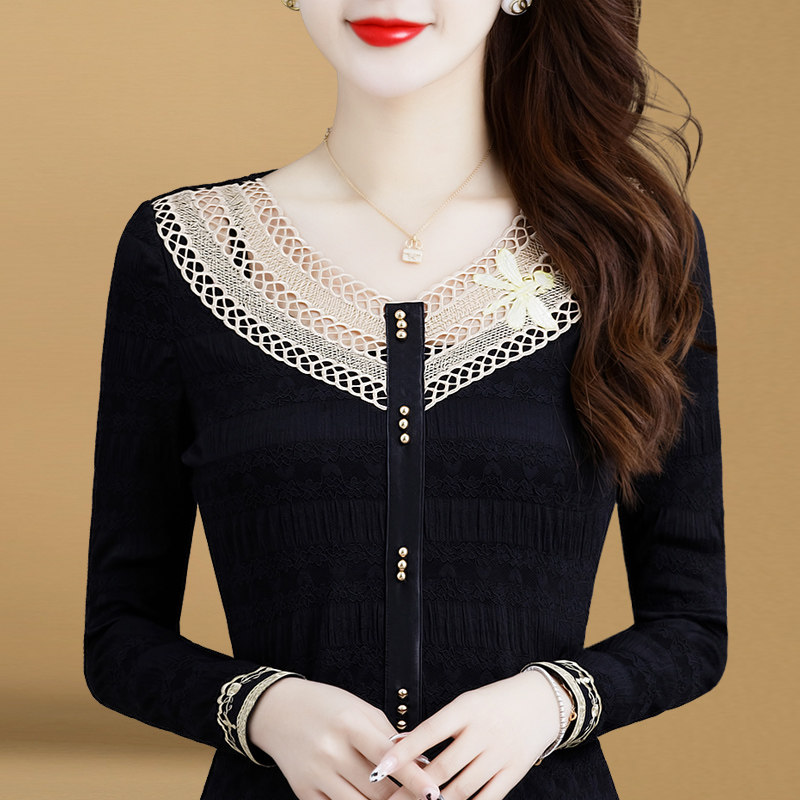 气质小衫女2021秋冬新款V领长袖蕾丝打底衫女加绒保暖上衣修身T恤