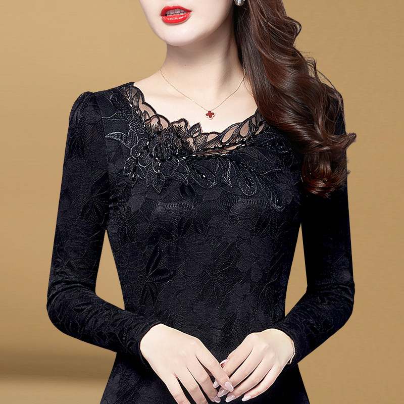 2021秋冬新款女装时尚黑色蕾丝打底衫女加绒加厚上衣冬季保暖小衫