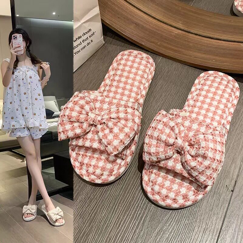 日本进口MUJIΕ新款蝴蝶结平底亚麻拖鞋女显瘦外穿室内两用超轻超