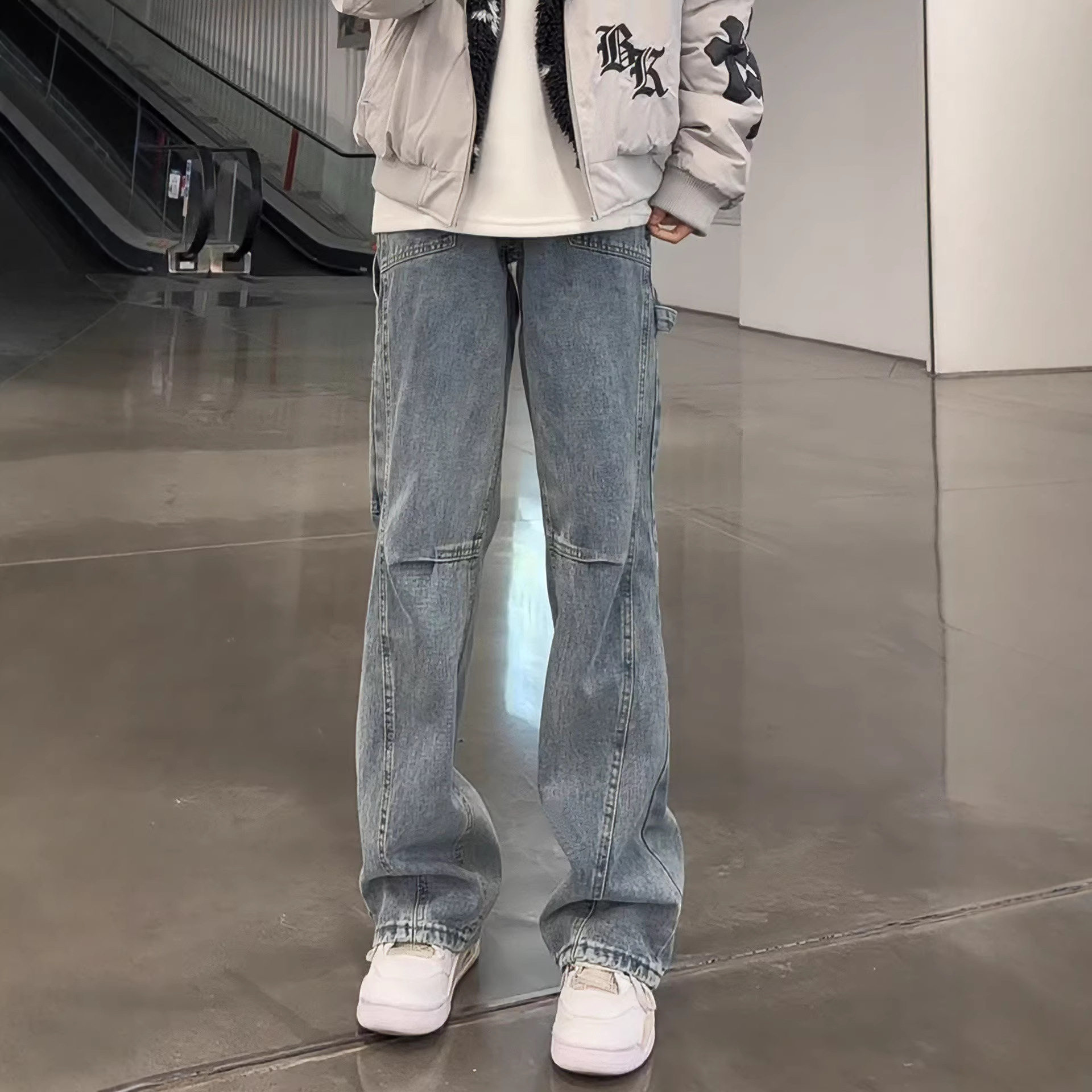 复古蓝美式斜切微喇牛仔裤男款春秋显瘦裤子绑带设计感弯刀工装裤