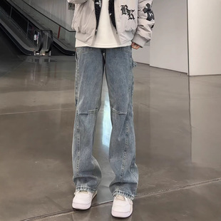 复古蓝美式斜切微喇牛仔裤男款春秋显瘦裤子绑带设计感弯刀工装裤