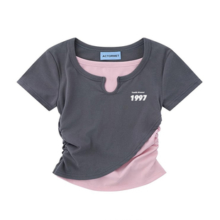 修身 2025新款 T恤女纯欲风短款 印花设计感正肩印花短袖 辣妹风爆款