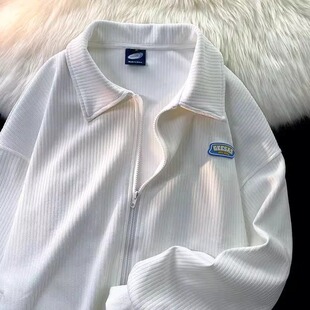 新款休闲百搭宽松大码polo衫高级感外套春秋白色温柔港风情侣卫衣
